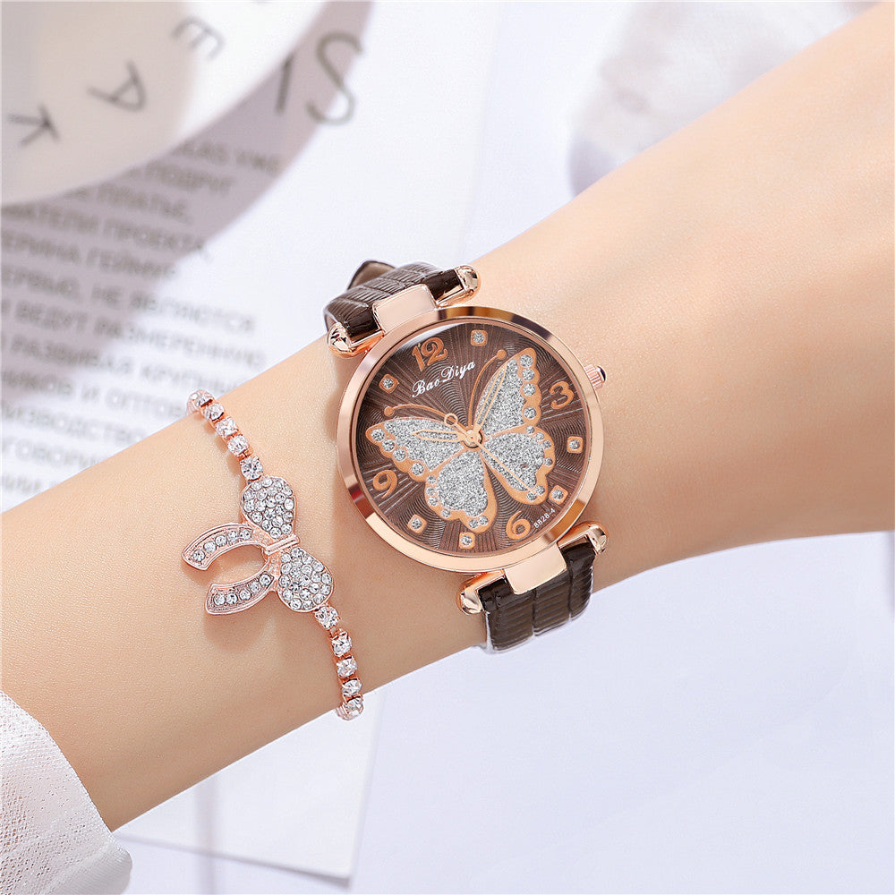 Glitter Butterfly Pattern Quartz Ladies Casual Belt Watch