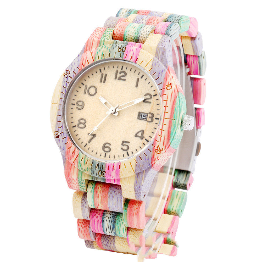 Large Dial Colorful Bamboo Skeleton Movement Quartz Wood Watch