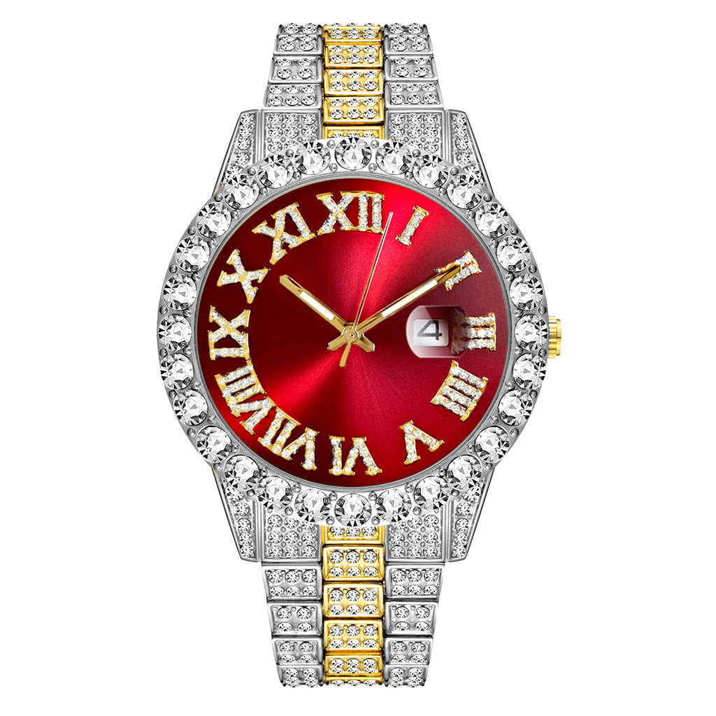 Steel Band Quartz Watch Full Diamond With Calendar