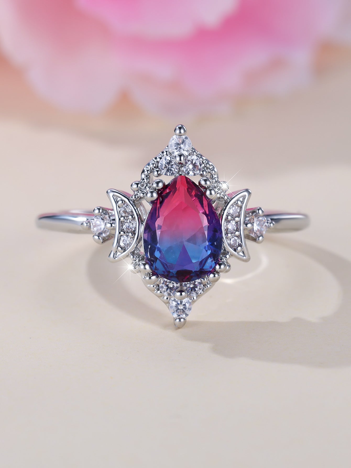 New Gradient White K Rose Blue Water Drop Tourmaline Crown Ring Personality Fashion