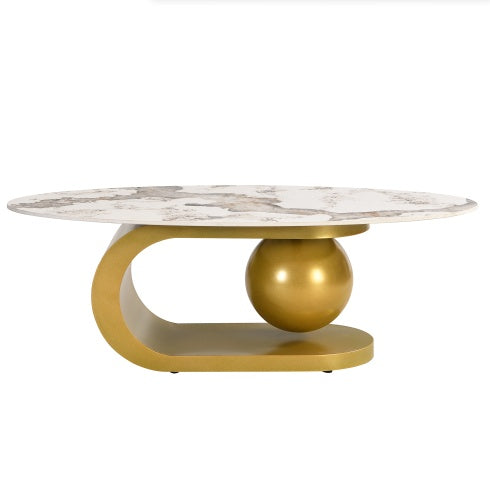 Modern Oval Coffee Table For Living Room, Marble Pattern Sintered Stone Coffee Tabletop With Gold Stainless Steel Base In 47.2