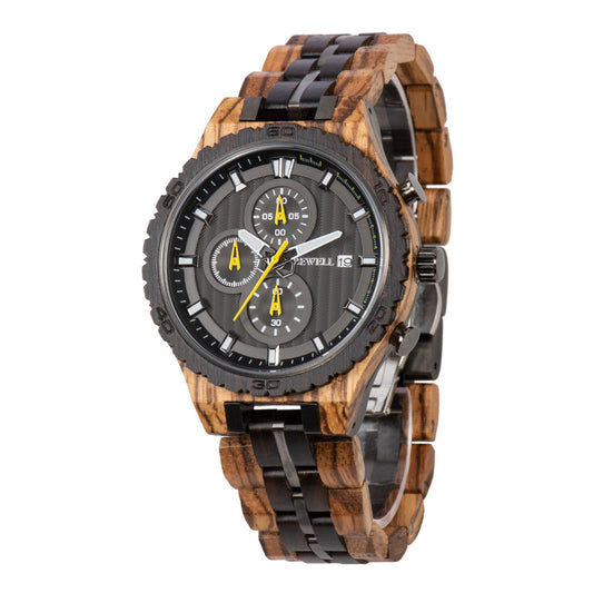 Multifunctional men's steel wood watch