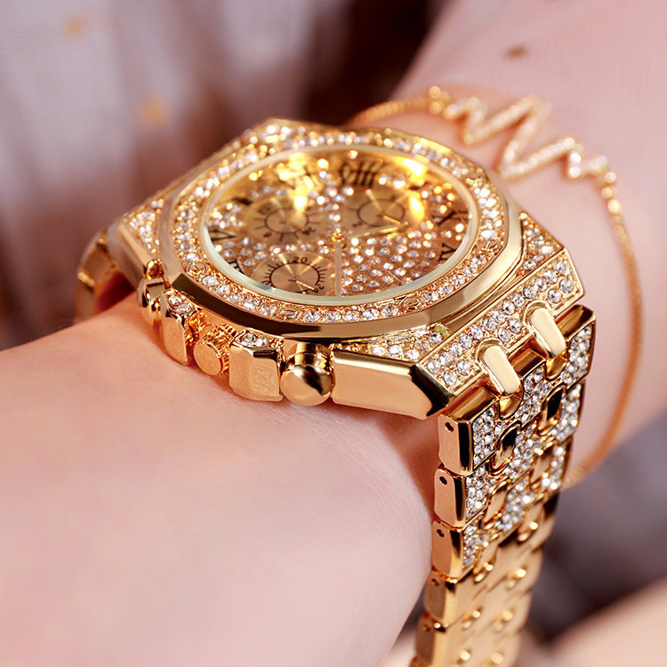 Watch with big dial full of diamonds and stars