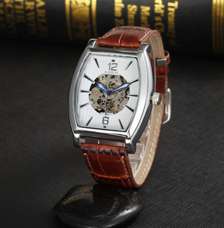 Square leather mechanical watch