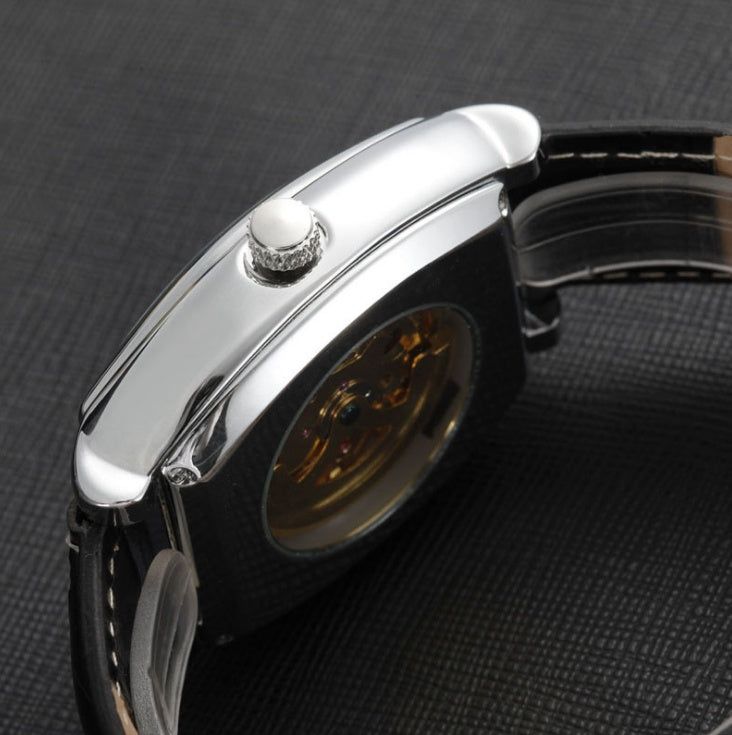 Square leather mechanical watch