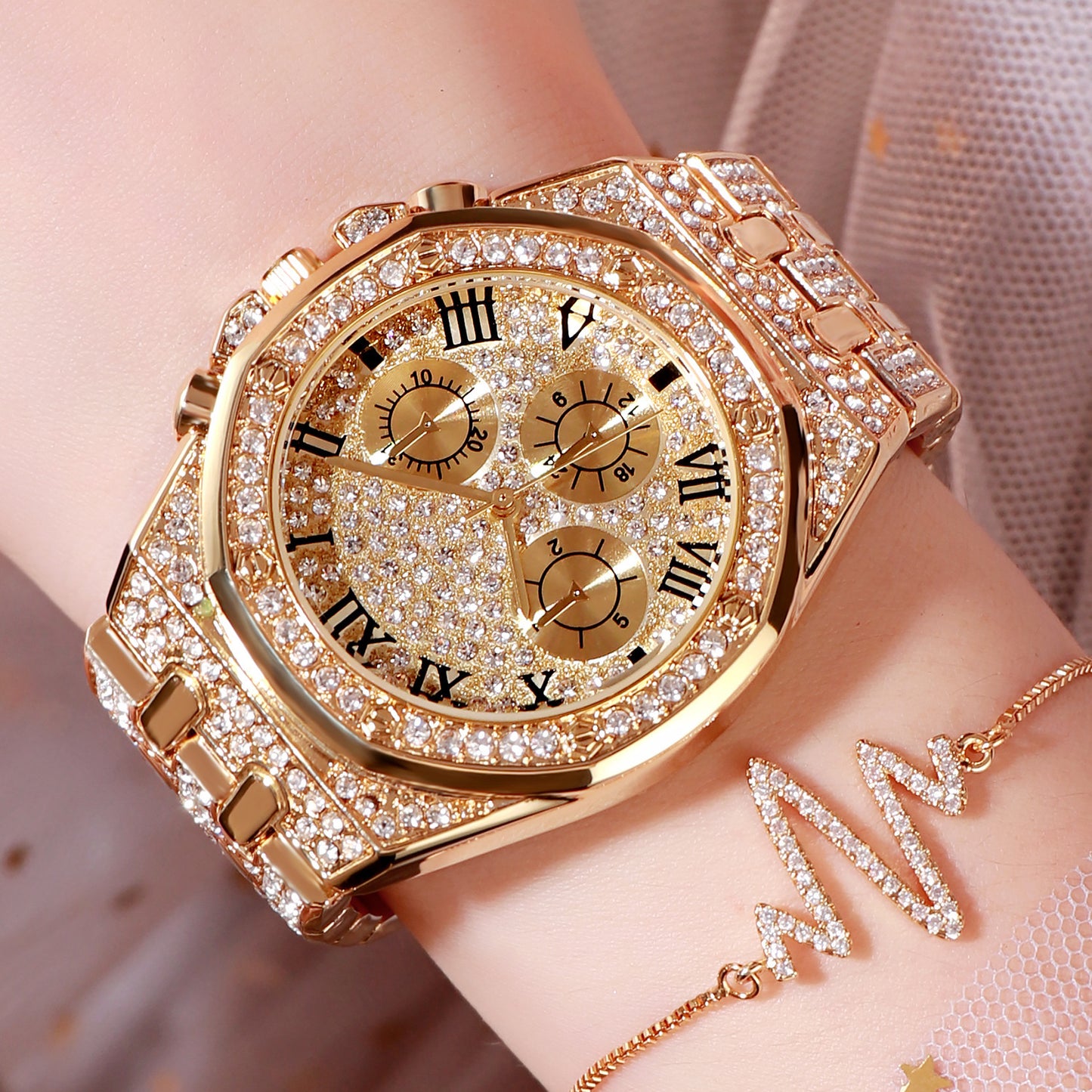 Watch with big dial full of diamonds and stars