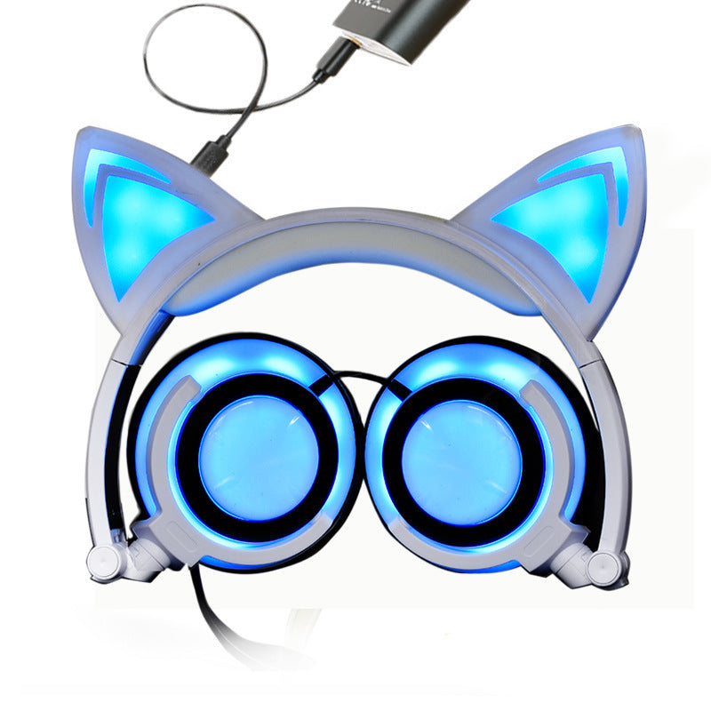 Cat ear head-mounted luminous foldable mobile phone music headset