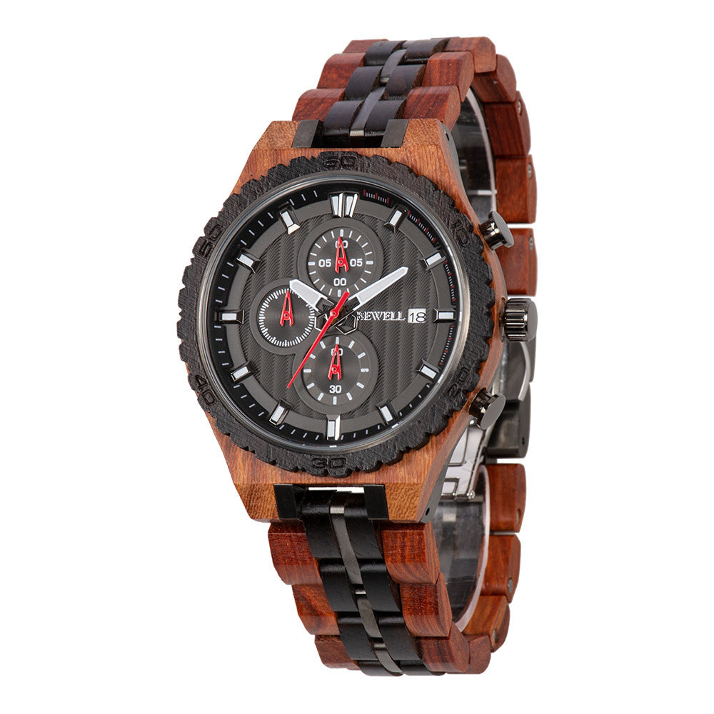 Multifunctional men's steel wood watch