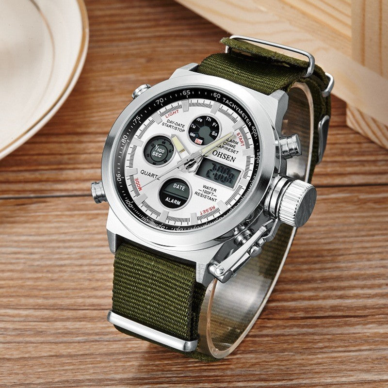 Sport watch with alloy shell, canvas and leather with large dial