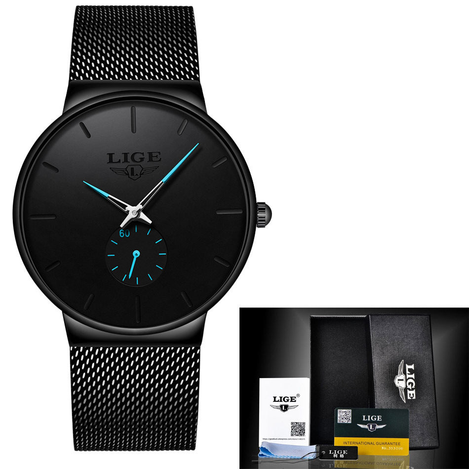 LIGE mesh strap waterproof men's watch