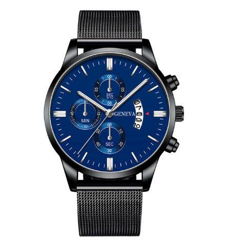 Blue Men's Mesh Strap Watch Men's Quartz Calendar Watch Fashion Business Watch