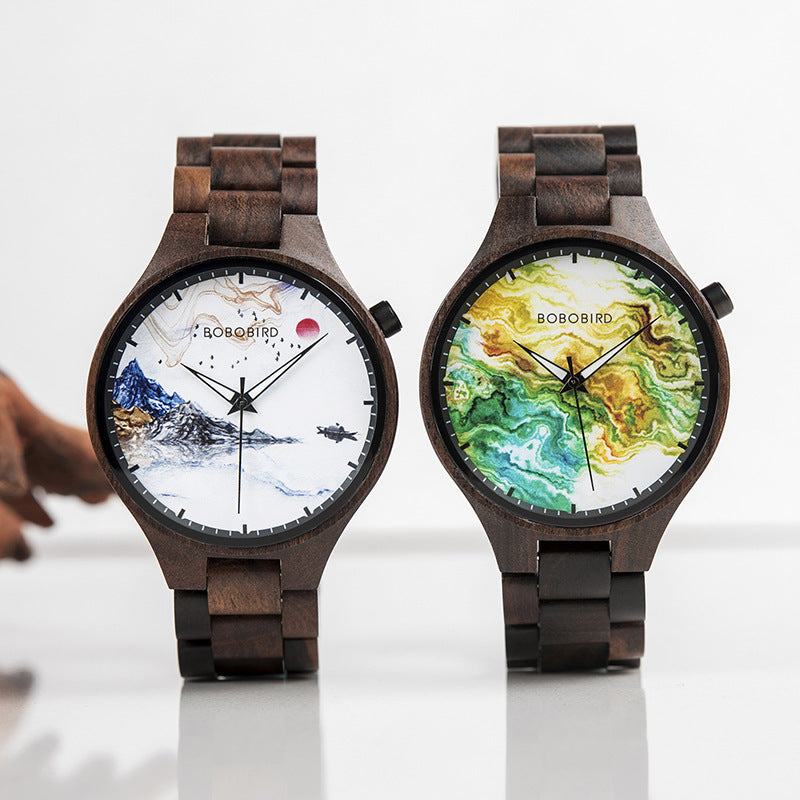 Wooden Watch Young Men's Ethnic Style And Landscape Painting Wooden Quartz Watch