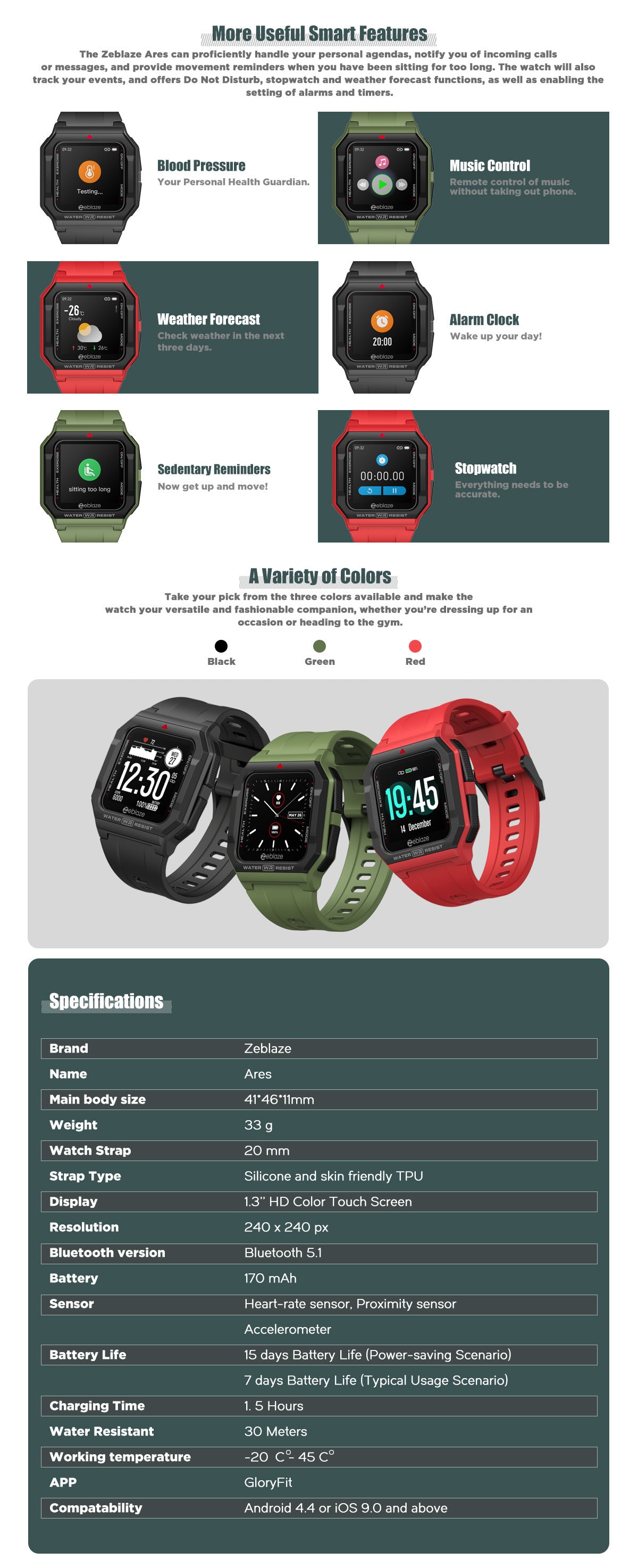 Zeblaze Ares Smart Watch Retro 33g Heart Rate Monitor Blood Pressure Multi-Language Custom Dial Foreign Trade