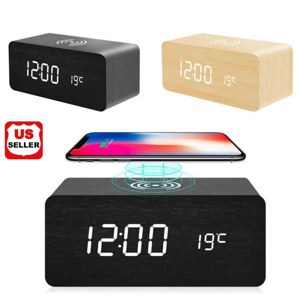 Factory Wholesale Smart Wireless Charging Sound Control Environmentally Friendly Mute Led Wooden Clock Wooden Home Electronic Alarm Clock