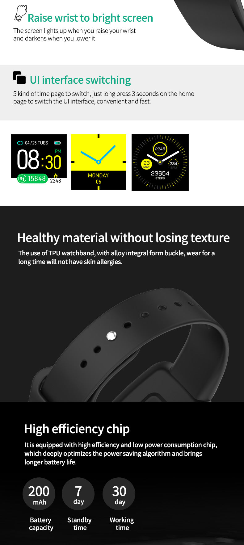 P3 Smart Bracelet, Blood Pressure, Heart Rate, Sleep Smart Monitoring, Multi-Function Waterproof Message Push