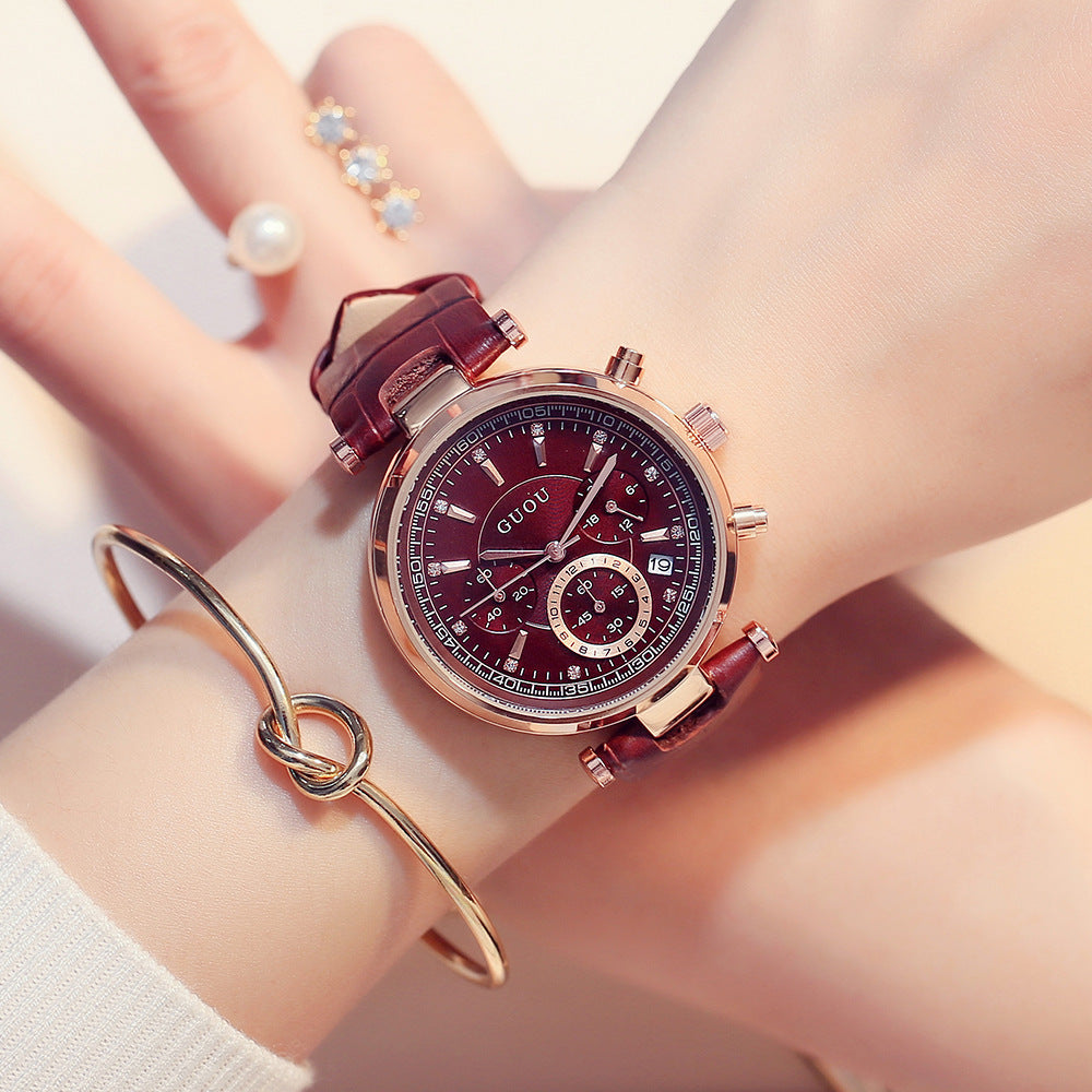 Multifunctional Quartz Watch Women's Leather Calendar Belt Watch