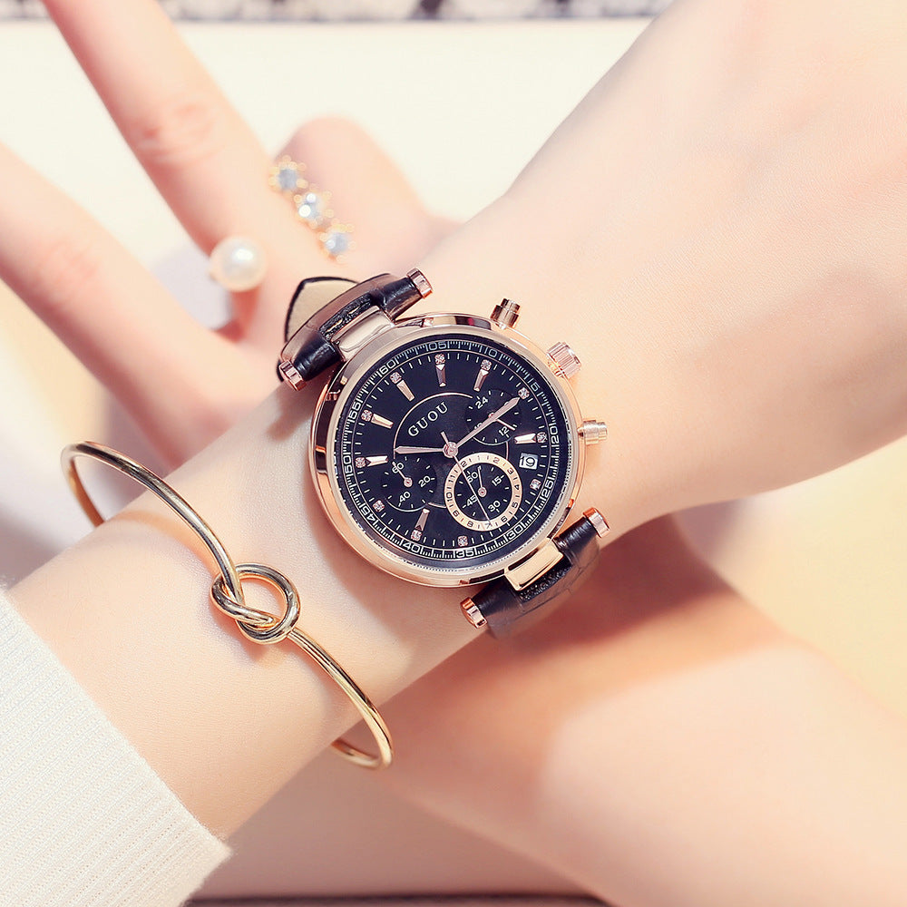 Multifunctional Quartz Watch Women's Leather Calendar Belt Watch