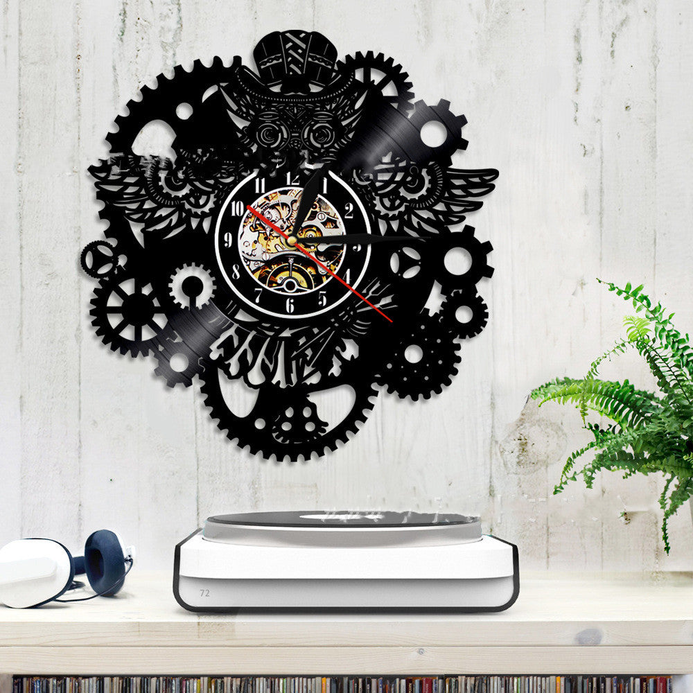 Vinyl Record Wall Clock LED Light Steampunk Owl Creative Retro Nostalgic Wall Clock Wall Clock