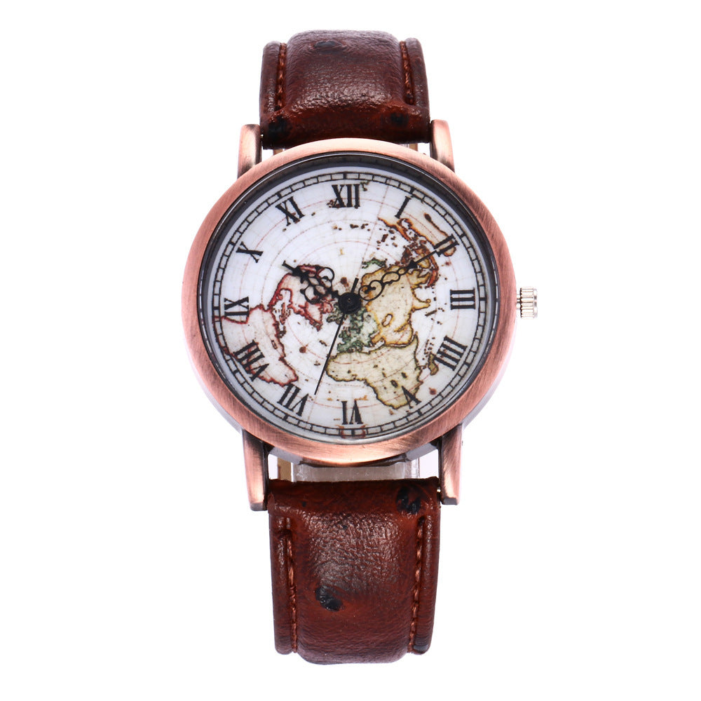 Ancient style world map Rome digital personality quartz watch creative note pointers leisure Watch