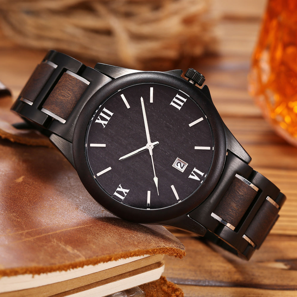 Men Quartz Sandalwood Watch Black