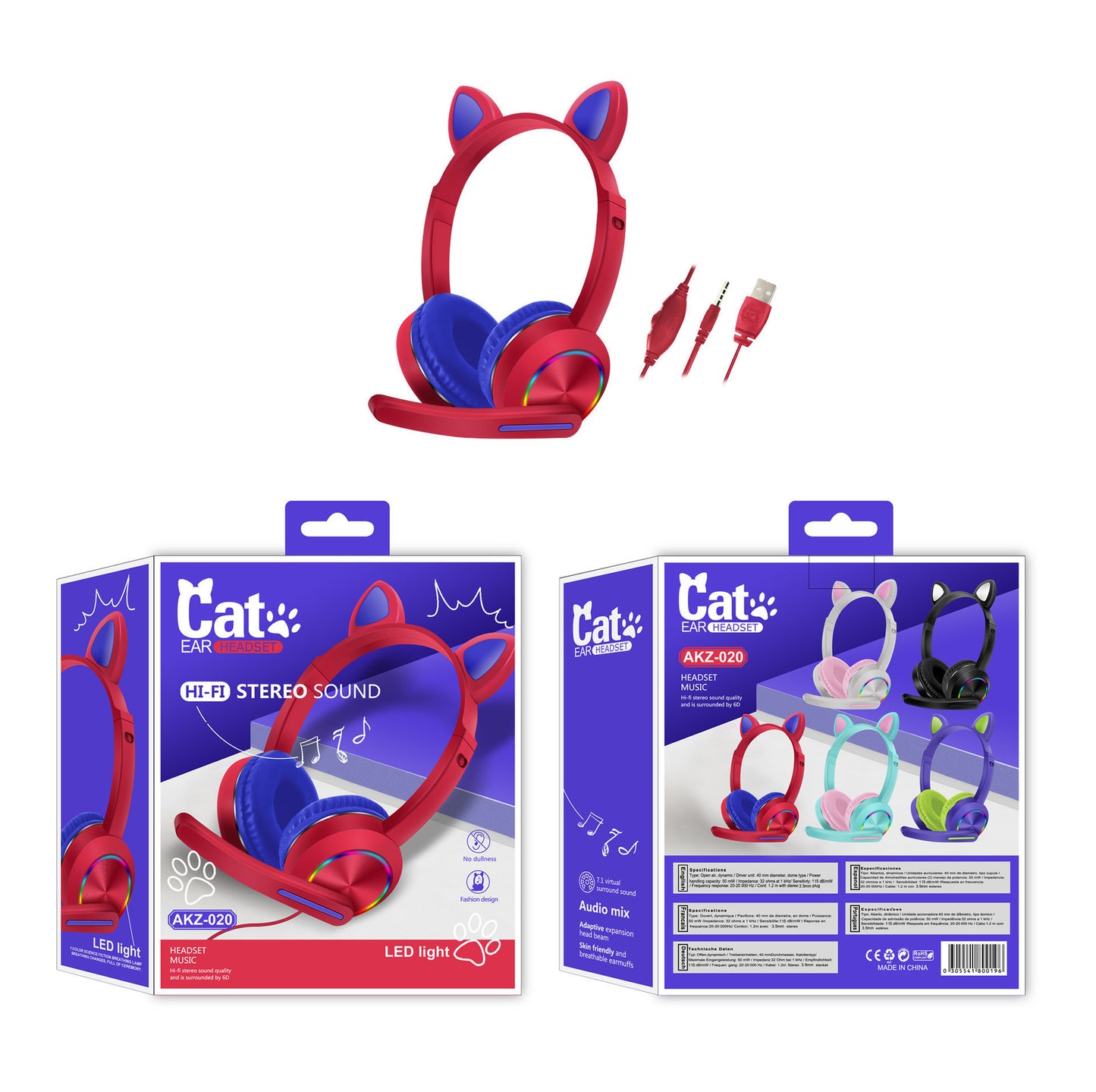 Luminous cat ear headset headset wired headset