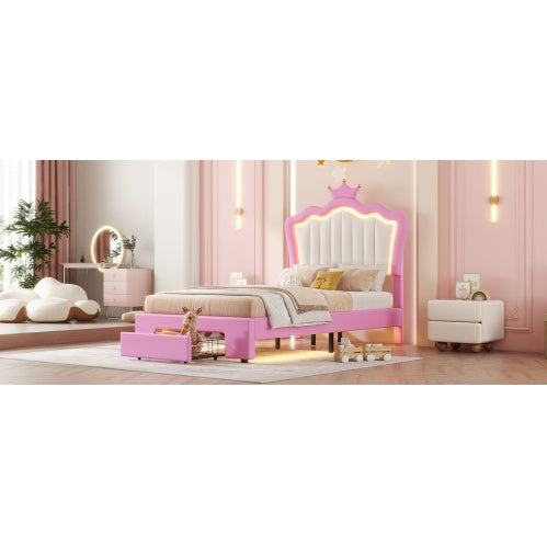 Twin Size Upholstered Bed Frame With LED Lights, Modern Upholstered Princess Bed With Crown Headboard, A Drawer