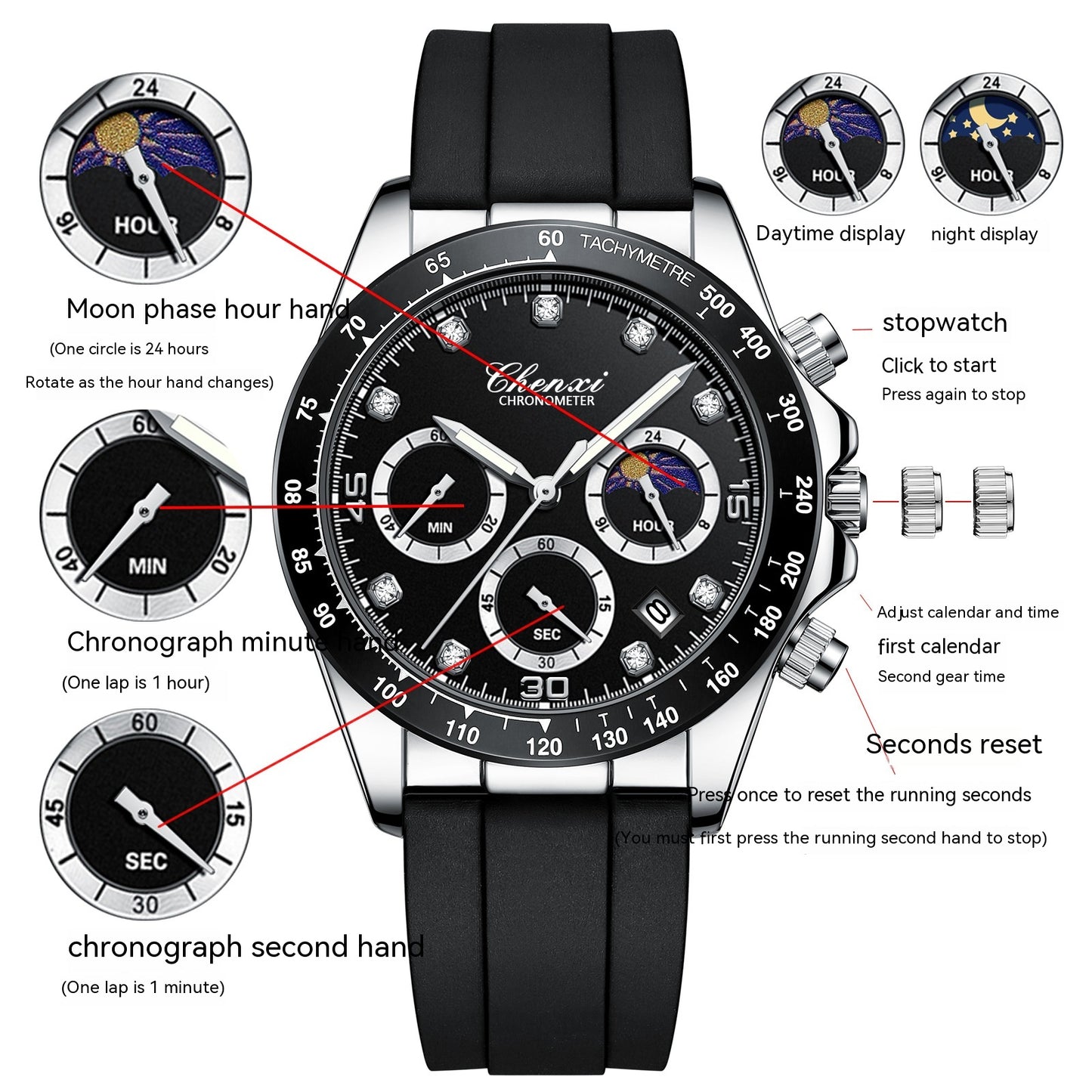 Multi-functional Silicone Band Watch Men's Three Eyes And Six Needles