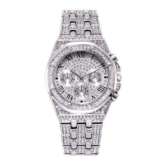 Watch with big dial full of diamonds and stars