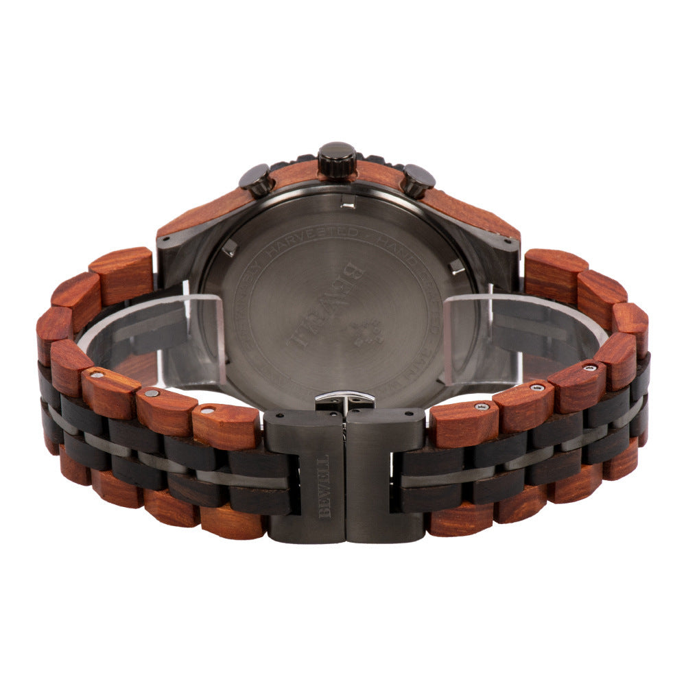 Multifunctional men's steel wood watch