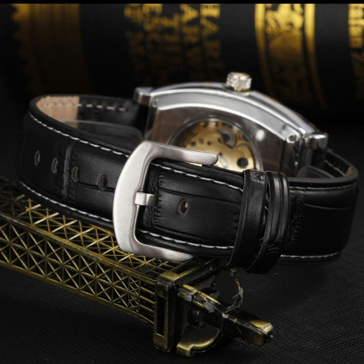 Square leather mechanical watch