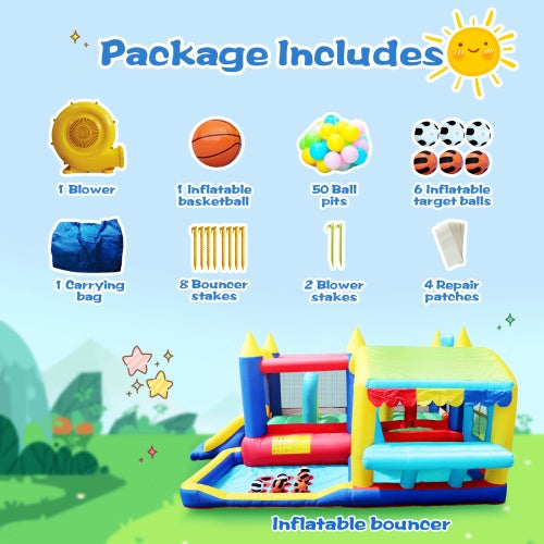 7-in-1 Inflatable Bounce House, Bouncy House With Ball Pit For Kids Indoor And Outdoor Party Family Fun, Obstacles, Toddler Jump Bounce Castle With Ball Pit For Birthday Party Gifts