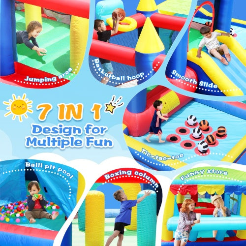 7-in-1 Inflatable Bounce House, Bouncy House With Ball Pit For Kids Indoor And Outdoor Party Family Fun, Obstacles, Toddler Jump Bounce Castle With Ball Pit For Birthday Party Gifts