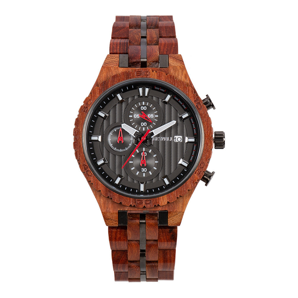 Multifunctional men's steel wood watch