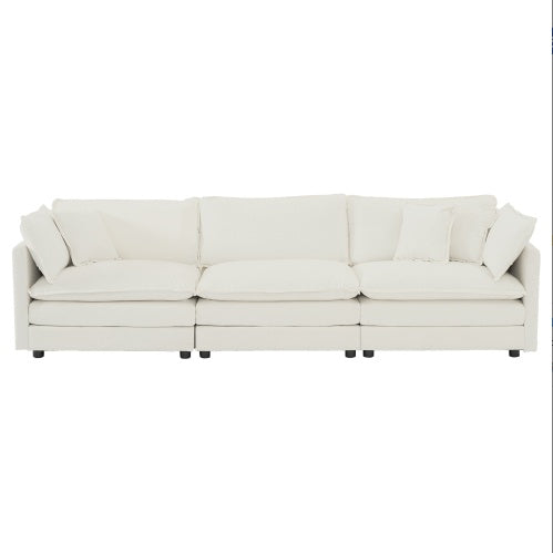 Mid-Century Modern Couch 3-Seater Sofa With 2 Armrest Pillows And 3 Toss Pillows, Couch For Living Room White Chenille