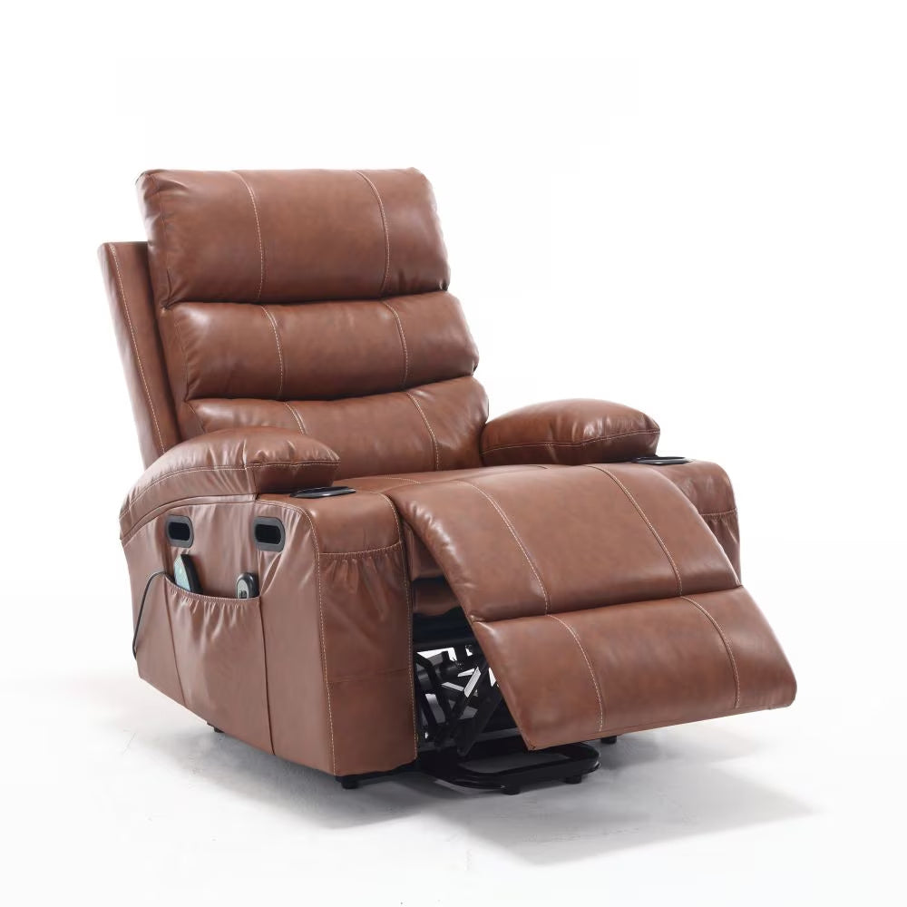 21 Inch Seat Width, Large-sized Electric Lift Recliner Sofa, 8-point Vibration Massage And Wood Heating, Remote Control, Side Pockets And Cup Holder, Comfortable Fabric, Filled Armrests