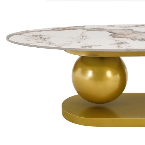 Modern Oval Coffee Table For Living Room, Marble Pattern Sintered Stone Coffee Tabletop With Gold Stainless Steel Base In 47.2