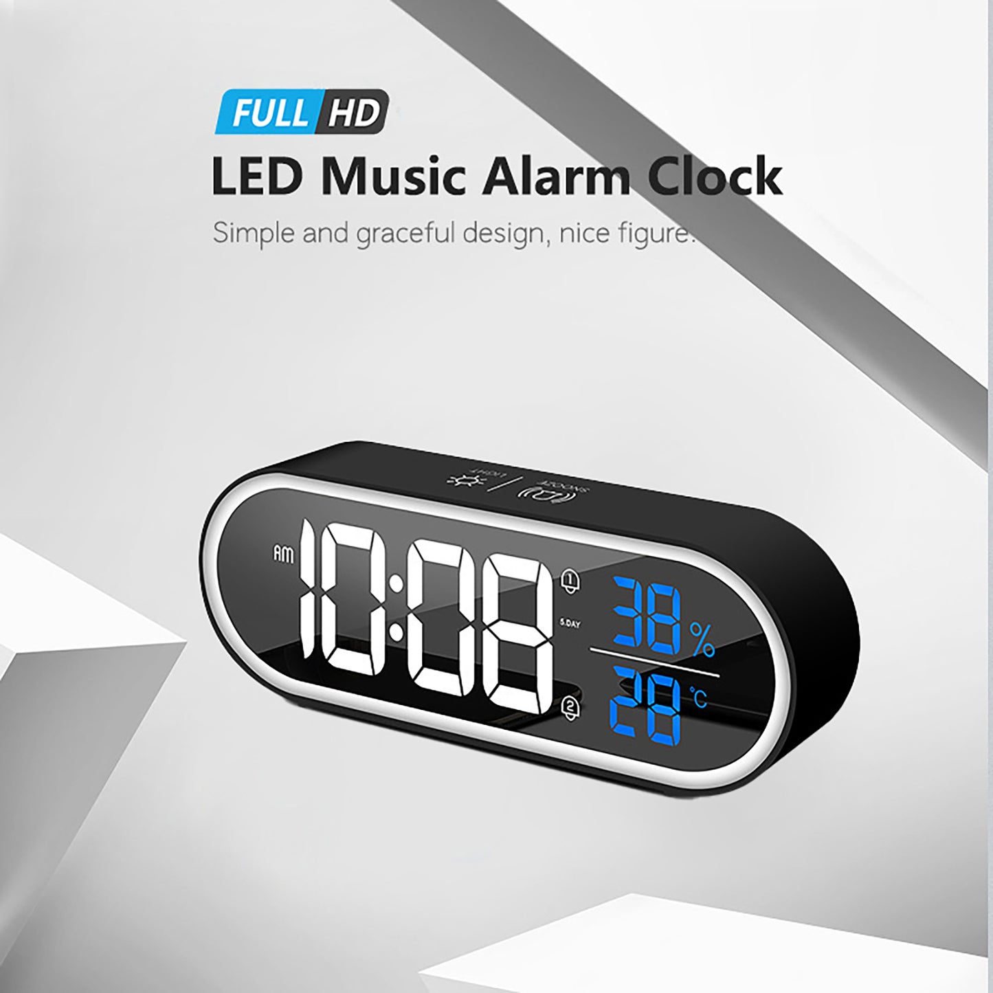 Rechargeable Mirror LED Music Clock Switch With 40 Music Adjustable Sound Level