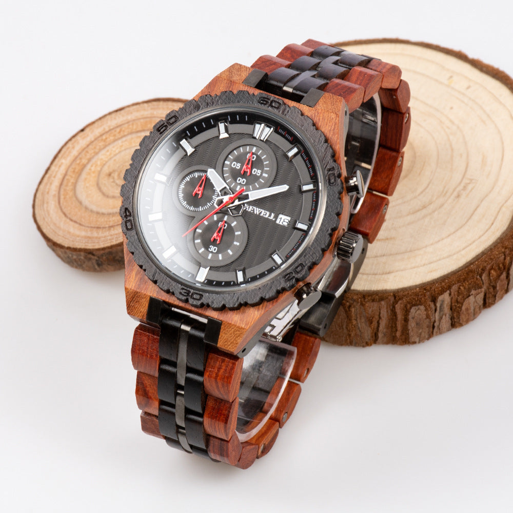 Multifunctional men's steel wood watch