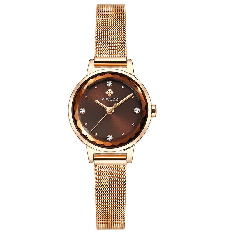 WWOOR women's quartz watch with mesh belt