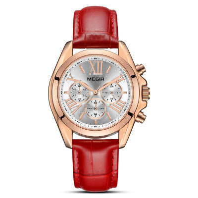 Brand multi-function chronograph leather quartz watch