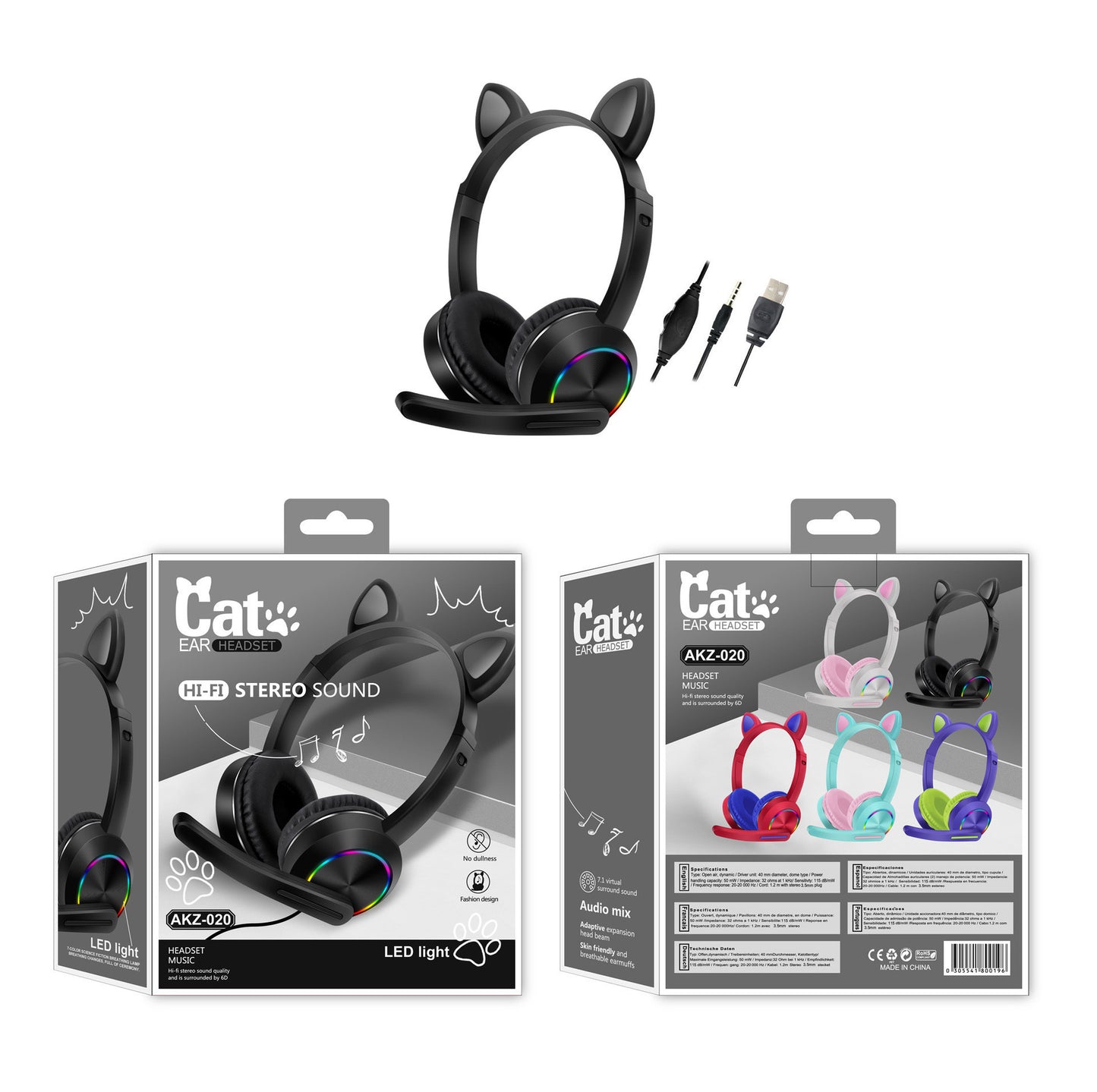 Luminous cat ear headset headset wired headset