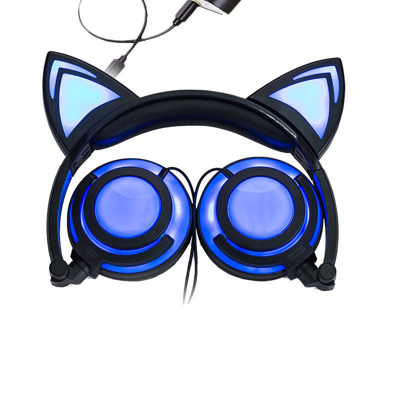 Cat ear head-mounted luminous foldable mobile phone music headset