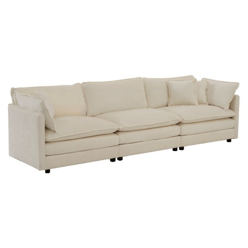 Mid-Century Modern Couch 3-Seater Sofa With 2 Armrest Pillows And 3 Toss Pillows, Couch For Living Room Beige Chenille