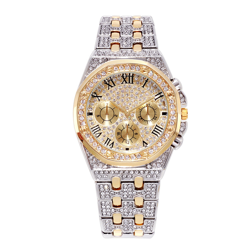 Watch with big dial full of diamonds and stars