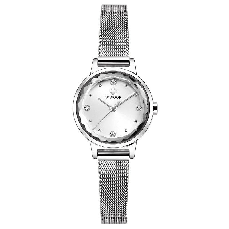 WWOOR women's quartz watch with mesh belt