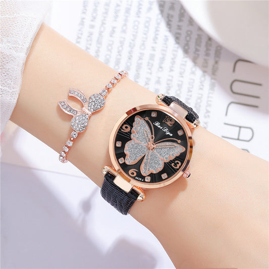 Glitter Butterfly Pattern Quartz Ladies Casual Belt Watch