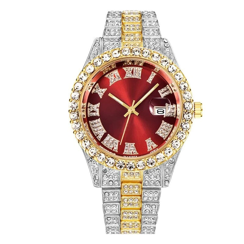 Steel Band Quartz Watch Full Diamond With Calendar