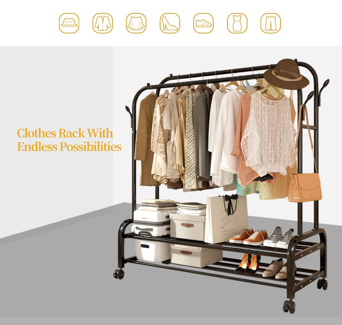 Durable Metal Double Bar Clothes Hanger With Wheels