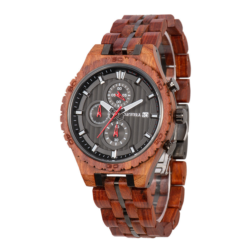 Multifunctional men's steel wood watch