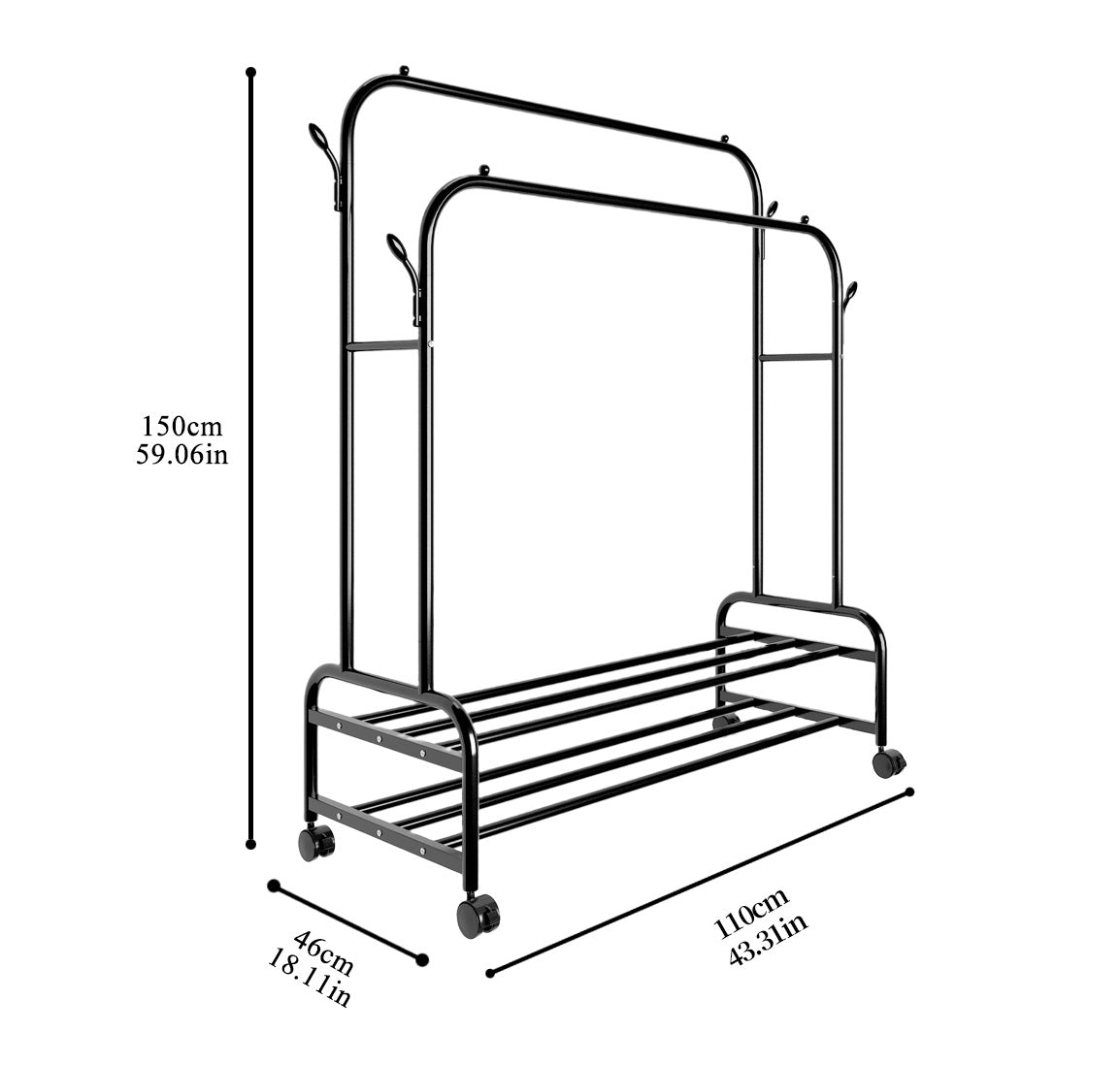 Durable Metal Double Bar Clothes Hanger With Wheels